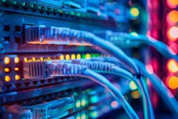 Naklejka premium Network cables plugged into server with blue and red lights in background