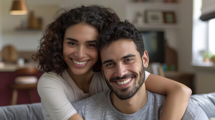 Obraz premium A loving couple embracing on a sofa in their living room at home.