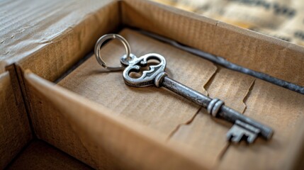 A key partially visible inside a package box, suggesting the excitement of uncovering its contents , 