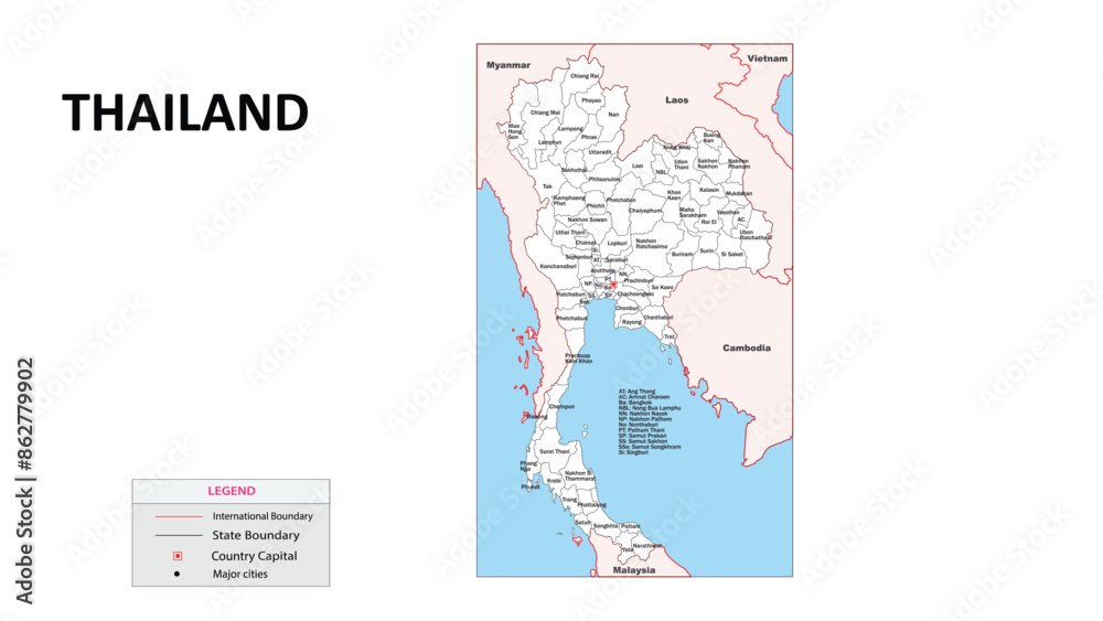 Sticker thailand map. state map of thailand. administrative map of thailand with state and capital in white 