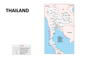 Thailand Map. State map of Thailand. Administrative map of Thailand with State and capital in white color.