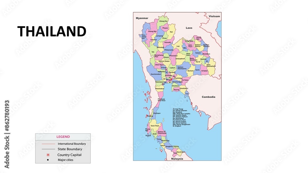 Canvas Prints thailand map. state and union territories of thailand with neighbouring countries. political map of 