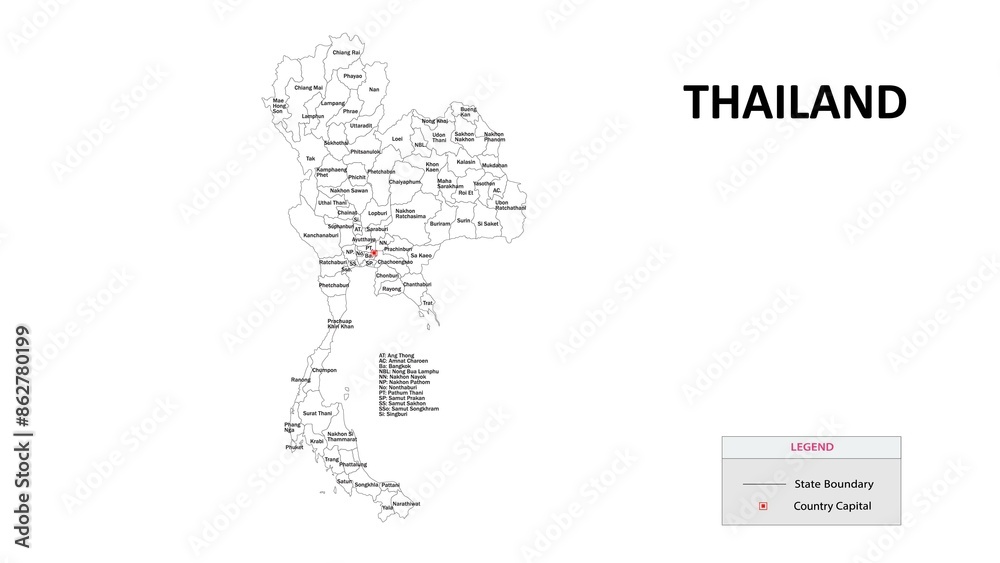 Poster thailand map. state and state map of thailand. administrative map of thailand with states and bounda