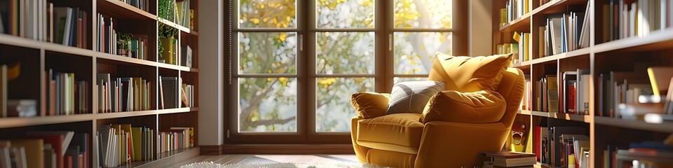Fototapeta premium Cozy Reading Corner with Amber Yellow Armchair and Bookshelves, Intimate Space