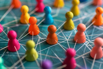 Colorful wooden pawns interconnected with white threads, symbolizing networking and cooperation