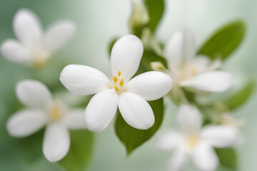 Obraz premium Close-Up of a Delicate White Flower Jasmine, Close-up of a delicate Jasmine with soft petals and yellow stamens on a light green background
