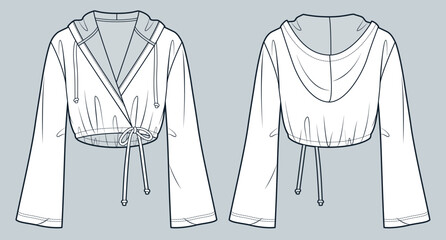 Crop Hoodie technical fashion illustration. Wrap Shirt fashion flat technical drawing template, bell sleeve, drawstring waist, relaxed fit, front and back view, white, women, men, unisex CAD mockup. © Liubov Hladka
