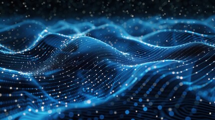 A digital wave of blue particles against a dark backdrop, illustrating a high-tech, abstract concept.