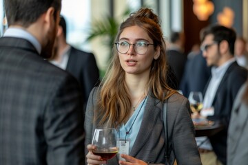 Businesswoman is discussing with a colleague during a networking event, holding a glass of wine