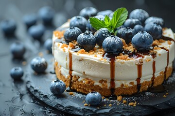 Delicious Blueberry Cheesecake with Crumb Crust and Mint Garnish on Dark Background for Dessert Menus