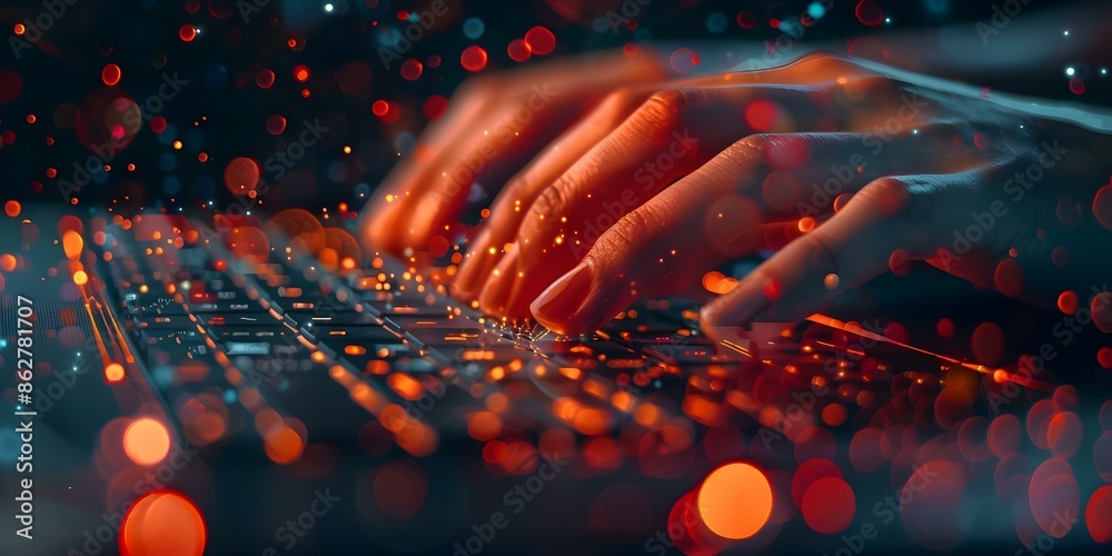 Poster abstract image of person clicking computer screen with intricate network design. concept technology,