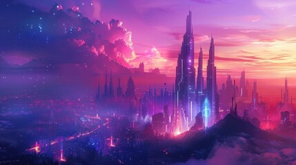 Fototapeta premium A skyline of futuristic buildings with neon lights and a glowing horizon, creating a high-tech, sci-fi atmosphere. 