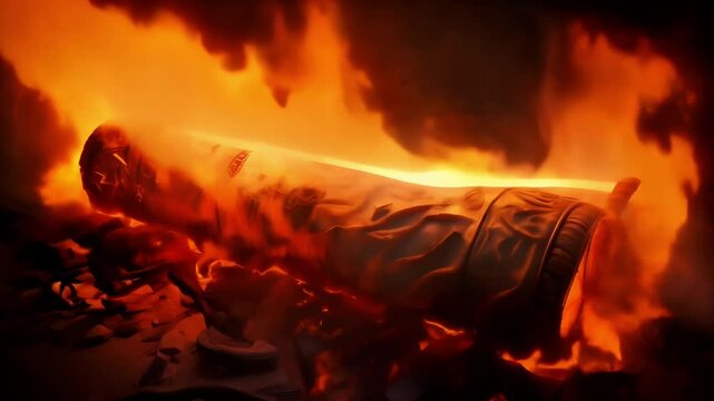 An ancient scroll burning fiercely in flames. Old message on paper on fire motion background