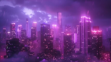 Obraz premium A city under a purple sky with illuminated buildings and neon accents, symbolizing a futuristic urban landscape. 