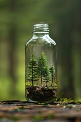A clear, empty bottle with a tiny forest growing inside.