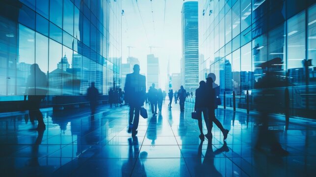 Business professionals heading to work in the morning, walking outside a contemporary office building