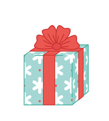 Cyan present wrapped by paper with snowflakes and red ribbon with big bow. Cartoon, vector