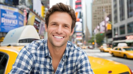 A man in a plaid shirt stands in front of a yellow taxi cab, smiling and looking directly at the...