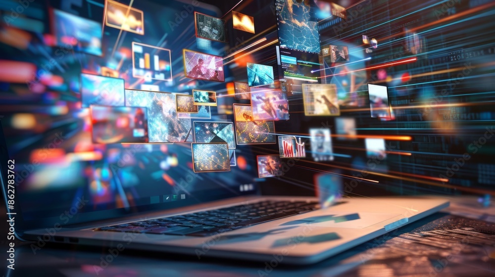 Wall mural laptop streaming internet content from multiple sources