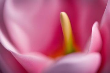 Close-up Abstract of Pink Flower Petals, Soft focus close-up of pink tulip petals with a hint of yellow stamen