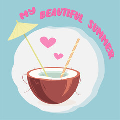 Coconut coctail vector illustration. A drink on the beach. Cocktail on the beach