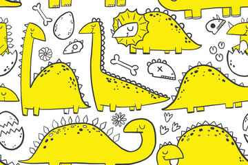 Hand drawn doodle seamless background with yellow doodle dino.  Cartoon funny dinosaurs rex. Endless background. Newborn design for textile and nursery