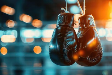 Close-up of black boxing gloves hanging in a gym, strikingly lit with blurred background. Perfect for sports, training, or fitness topics.