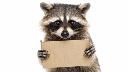 Obraz premium Comical raccoon holding cardboard on white backdrop