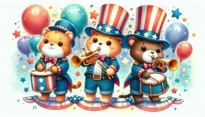 Naklejka premium Three Patriotic Bears Playing Music for the 4th of July - Three cartoon bears in red, white, and blue uniforms play music with drums and a trumpet in front of a backdrop of balloons and stars.