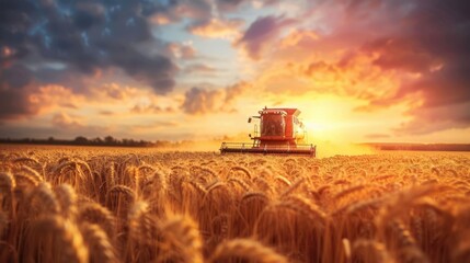 Fototapeta premium A wheat field being harvested by a green combine harvester, demonstrating modern farming techniques. 