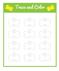 Trace and Color Butterflies Children Coloring Page. Learning handwriting and educational materials for a child