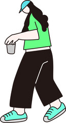 珈琲を持つ女性　歩く、ベクター線画