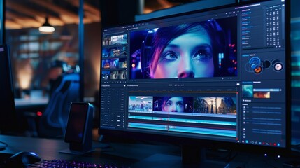 Video editor is working at his desk on a movie or commercial