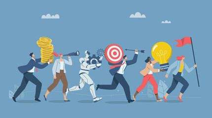 Elements of corporate teamwork and business goal orientation, Working with artificial intelligence, AI, Business team and robots running holding flags of goals, light bulbs, gears, money.