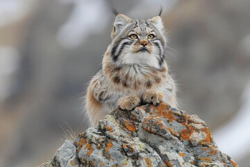 A Pallas's cat sitting on a rocky outcrop in the Central Asian steppes, its thick, fluffy fur and round face with piercing eyes keenly observing its territory. 