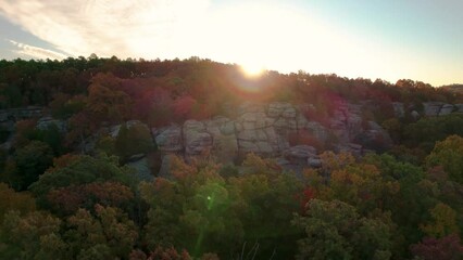 Breathtaking Aerial Sunset Views Fall Foliage Forest. Garden of the Gods Mountain Rocky Shawnee National Forest Illinois Drone Backwards.