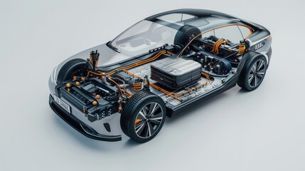 Electric car (generic model) technical cutaway 3d rendering with all main details of EV system in ghost effect. Perspective bird eye view on white background. 