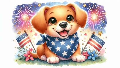 Obraz premium Happy 4th of July Pup - A cute, cartoon dog wearing a stars and stripes bandana smiles as fireworks explode behind him.