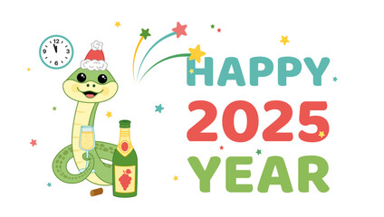 Greeting card Happy new 2025 year. Snake with champagne in new year eve. Cartoon, vector
