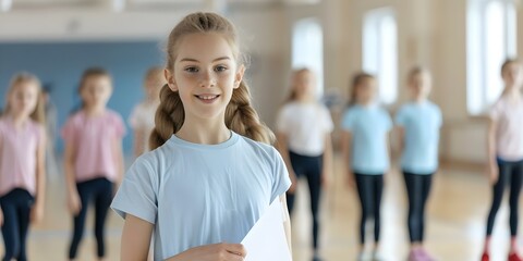 Female PE teacher uses Gym folder while leading students in exercise. Concept Physical Education, Teaching Techniques, Exercise Activities, Classroom Management, Health and Fitness