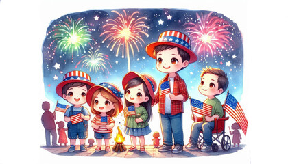Happy Fourth of July with Fireworks and Family - A group of children celebrate Independence Day in the U.S.A with fireworks and American flags, painted in a watercolor style.
