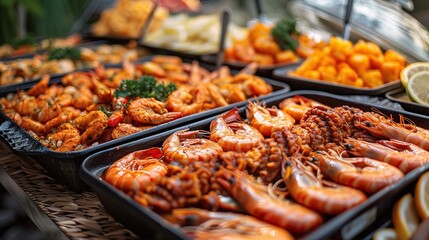 Obraz premium A close-up view of a large pan of grilled shrimp, garnished with herbs, served at a buffet
