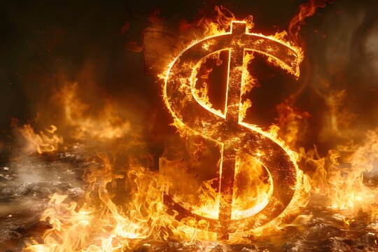 Burning Dollar Sign: Symbol of Economic Crisis and Financial Turmoil - Design for Posters, Editorial Use