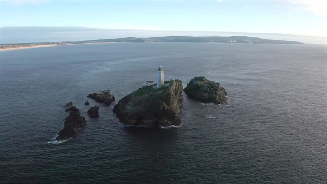 Aerial view of Godrevy Lighthouse, island, rocks, sea, ocean, Cornwall, United Kingdom.