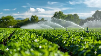 Rows of healthy green crops being watered by sprinklers in a well-maintained field.
