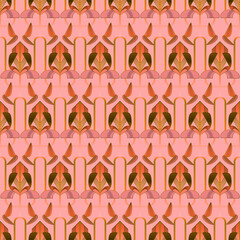 Seamless pattern in Art Deco style with abstract iris flower. Egypt motifs. Historical arabic style background in modern pink colors. Geometry pattern design for textile, packaging, surfaces.