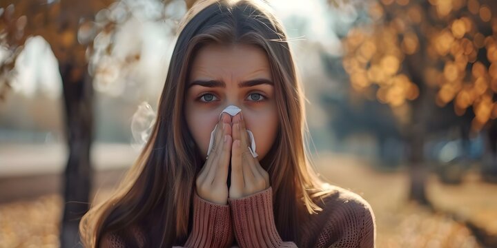 Portrait of a young woman with asthma blowing her nose. Concept Healthcare, Chronic Condition, Allergy Relief, Young Adult, Nasal Congestion