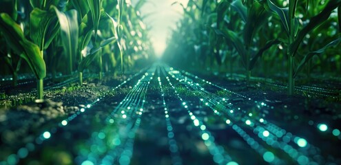 Digital technology in precision agriculture. Close-up view of a cornfield with integrated smart farming sensors illuminated, showcasing advanced agricultural technology.