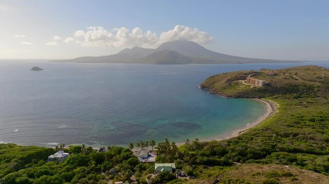 Aerial view of tranquil bay and lush island in Frigate Bay, St Kitts and Nevis.