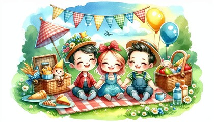 Fototapeta premium Cheerful Picnic in the Park with Three Friends - Three friends are enjoying a picnic in the park, surrounded by a colorful checkered blanket, picnic baskets, and balloons. The illustration uses bright